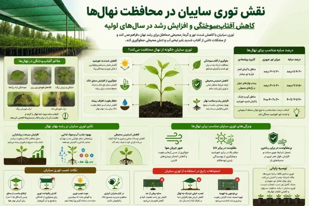 اینفوگرافی نقش توری سایبان در محافظت نهال‌ها